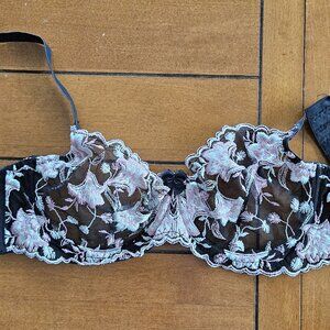 Beautiful 34C Embroided Bra Black with Pink/White LIKE NEW Lace, Unlined